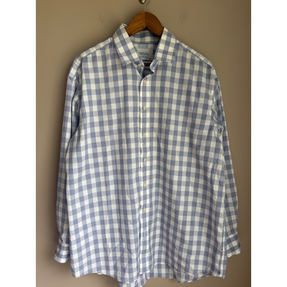 Charles Tyrwhitt Mens Non Iron Blue Gingham Dress Shirt 17.5 35 XL